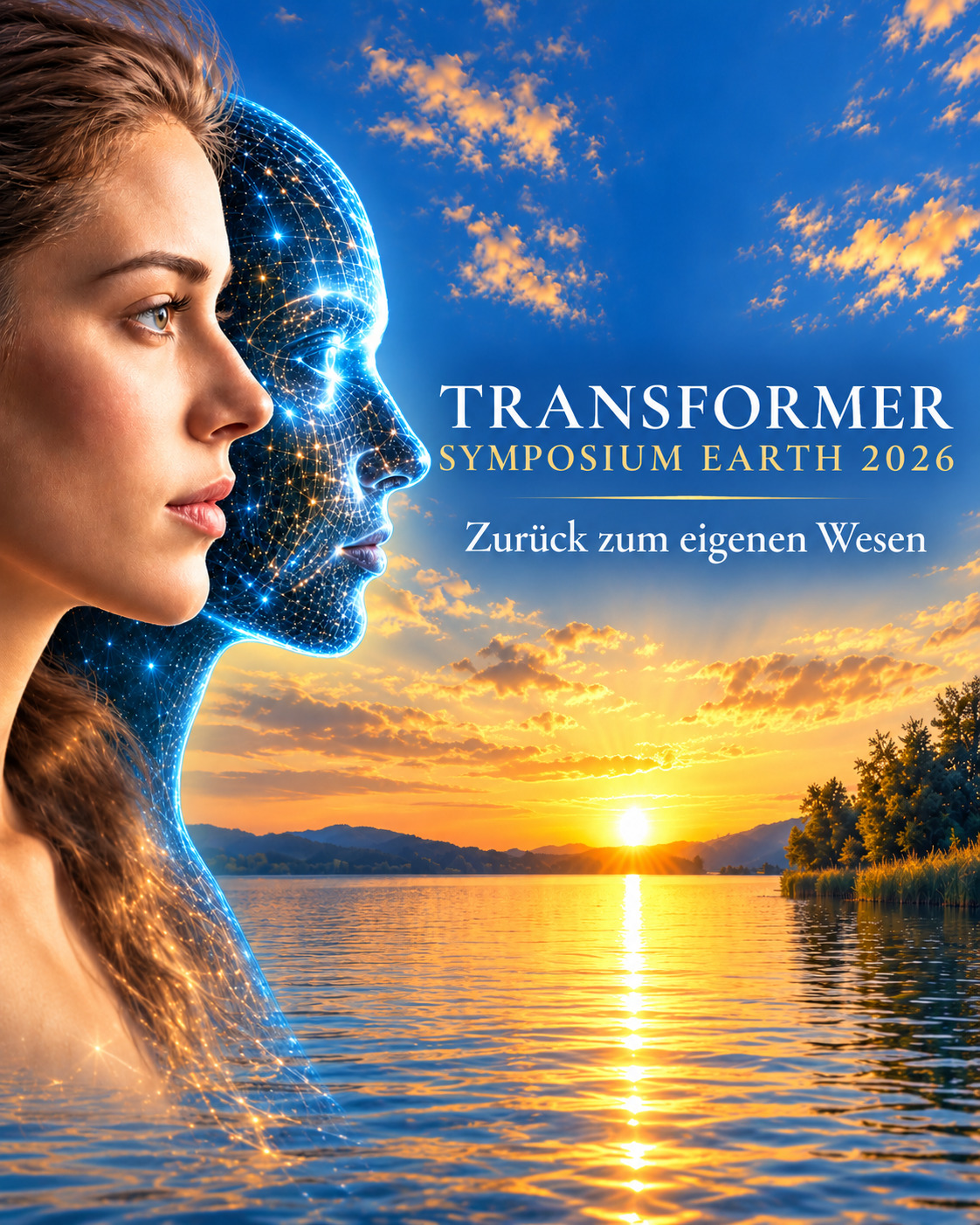 Transformer Symposium Earth 2026 Transformer Symposium Earth 2026 – Zurück zum eigenen Wesen: Frauenprofil mit leuchtendem digitalem Gesicht vor einem See bei Sonnenuntergang